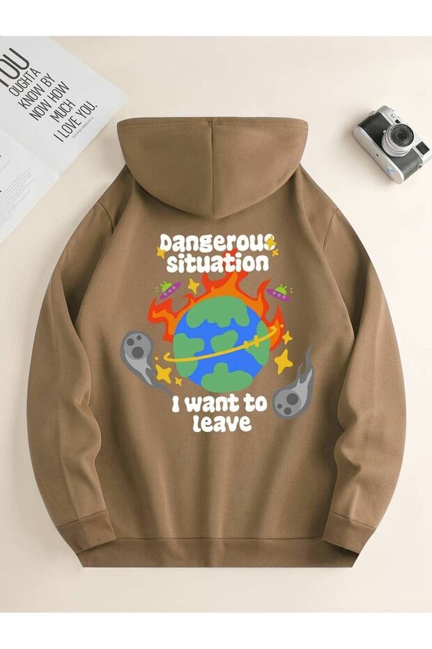 Unisex Dangerous Situation Printed Oversized Winter 3 Thread 100% Cotton K Hooded Sweatshirt Hoodie