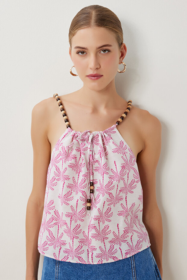 Bead Detailed Patterned Linen Blouse Lfh0006 Stone Pink
