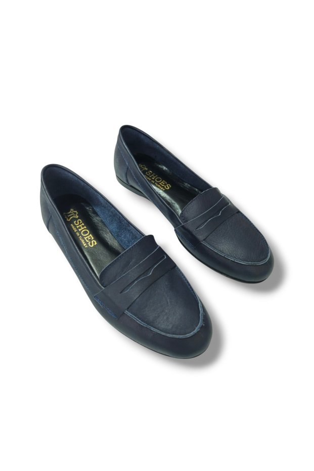 Navy Blue Genuine Skin Leather Women's Loafer Shoes