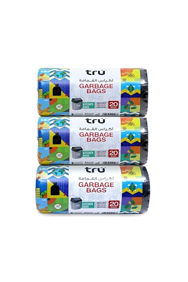 tru® Garbage Bags Compact Roll Black 60x90cm 30Gallon (20pc x 3 Rolls) 60bags