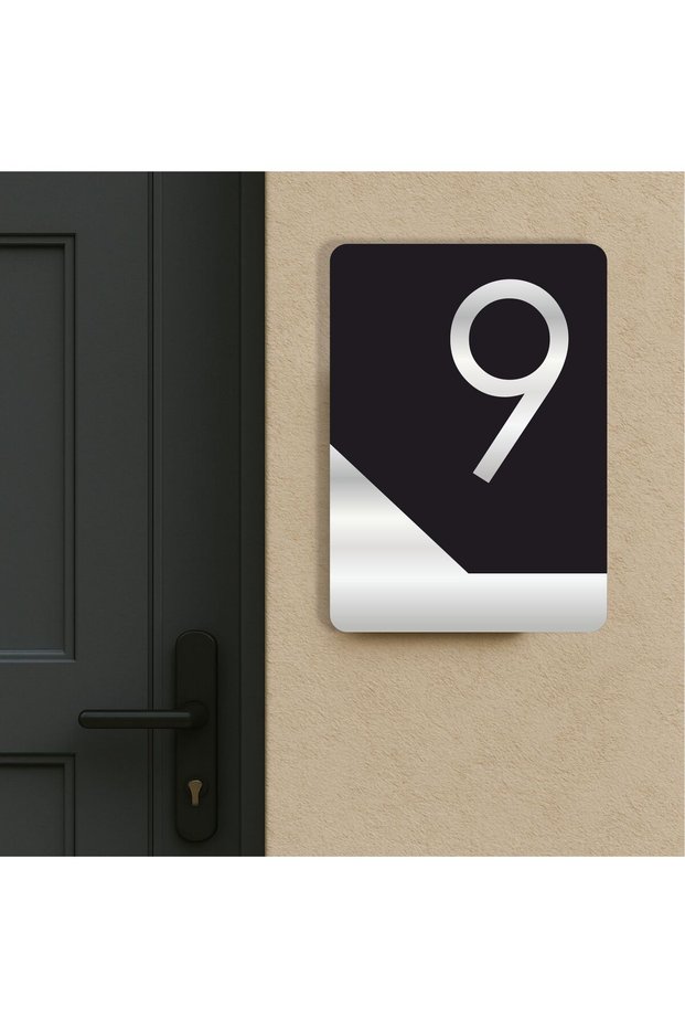Apartment -Wall - Door - Hotel Number Laser Cutting (Black & Mirror Silver 14X10 cm) Number 9 Nine