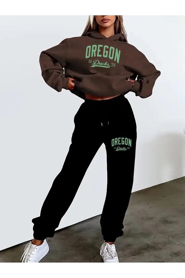 Unisex Men's Women's Oregon Printed Oversize 3 Thread Hooded Tracksuit Set