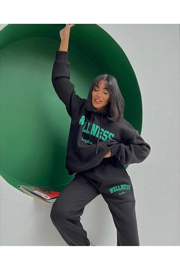 Unisex Men Women Welness Printed Oversize 3 Thread Hooded Tracksuit Set