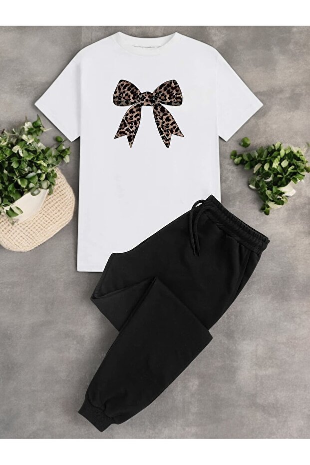 Women’s Leopard Ribbon Printed Top and Bottom Tracksuit Set