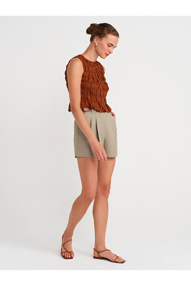 71663 Normal Bel Pili Detaylı Şort-Yeşil - 1