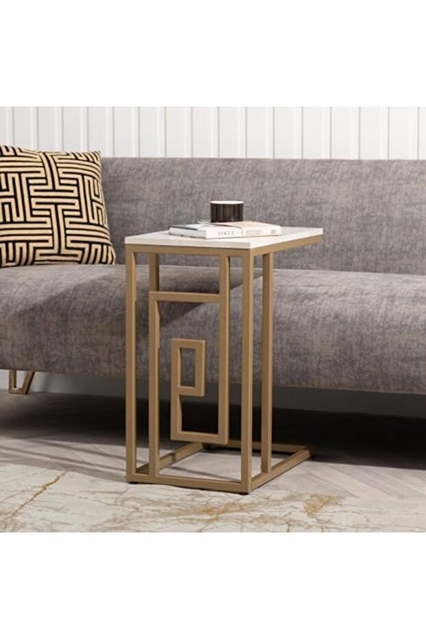 Brescia Sofa Side Table – Gold Metal Frame with Faux Concrete Wooden Top – Modern