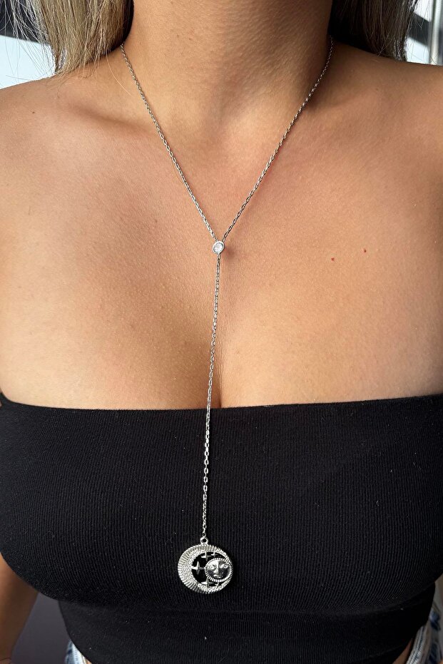 Silver Color Sun and Star Figured Y Necklace