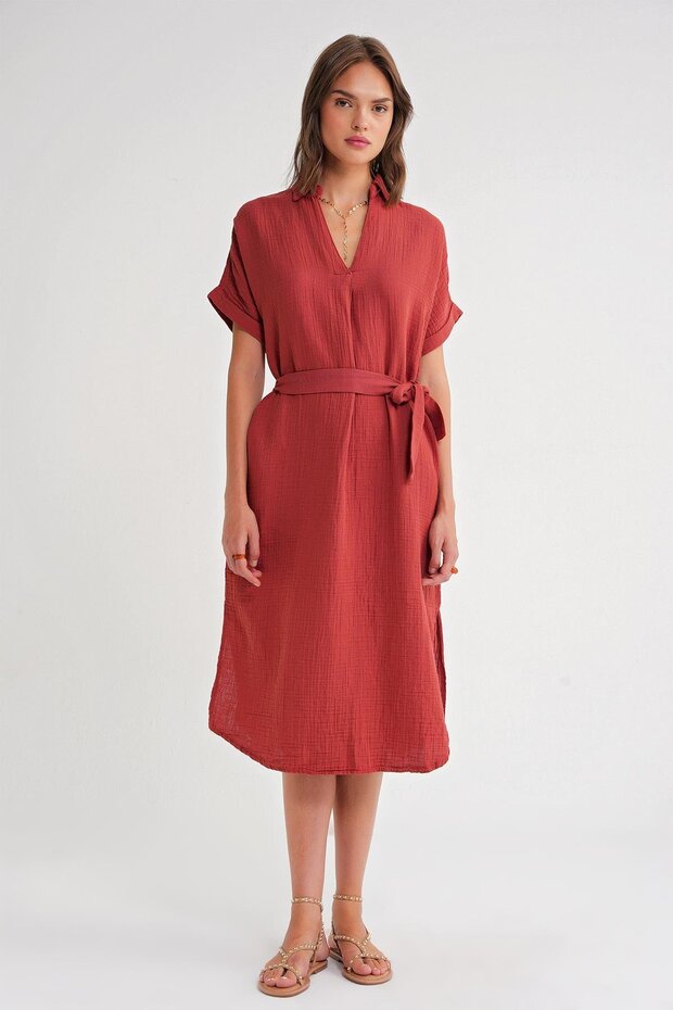 4720 Women's Pleat Detailed Tie-Up V-Neck Muslin Dress Tile