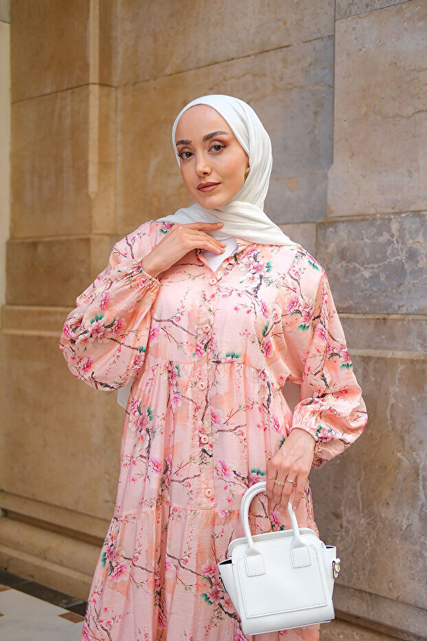 Kadın Sakura Çiçeği Desenli Elbise Pembe - 3