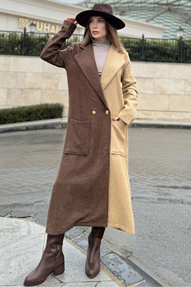 Women's Brown & Camel Color Block, Double Pouch Pocket, Gold Button Detailed Long Stamp Coat (Unlined)