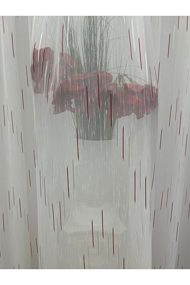 White curtain, mechanically embroidered, with rejansa, white/red, "Game of lines" by Liz Line PD055 - 5