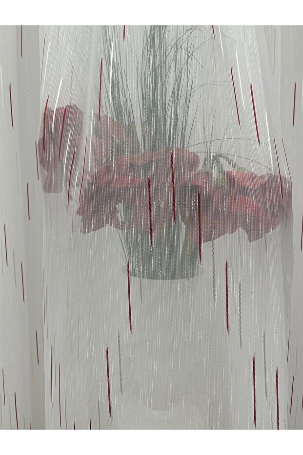 White curtain, mechanically embroidered, with rejansa, white/red, "Game of lines" by Liz Line PD055 - 8