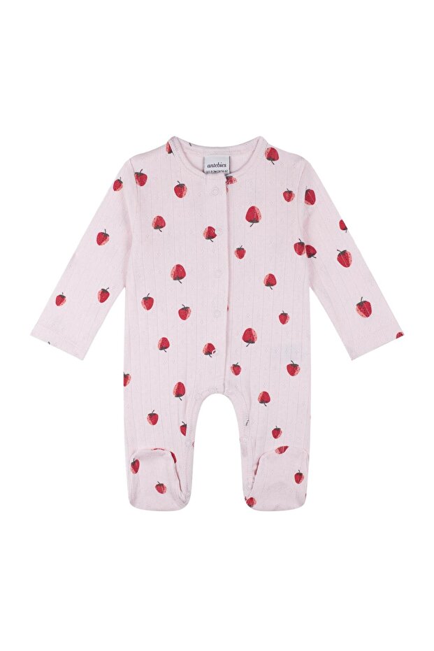 Organik Pembe Çilek Desenli Çıtçıtlı Uzun Kollu Kız Bebek Patikli Tulum - 1