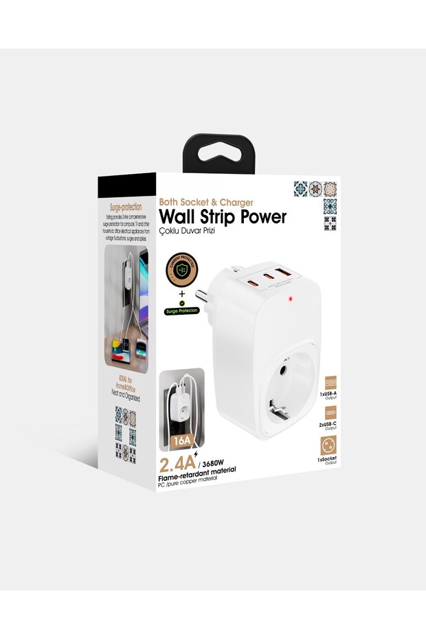 Çoklu Yüksek Voltaj Korumalı Duvar Prizi 2X Type-C 1X USB Çıkışlı Priz Grup Priz Çoğaltıcı - 6