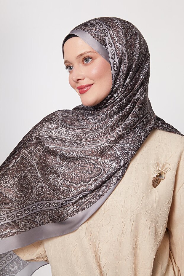 Gümüş Kenar Desen Hint İpeği Şal - 3