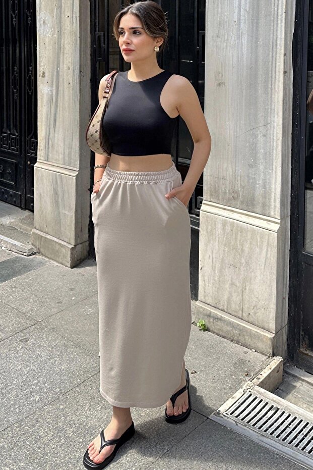 Women's Beige Elastic Waist, Comfortable Fit, Long Skirt with Pockets