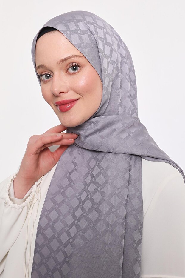 شال جاكار أزرق بنمط مربع فضي - 3