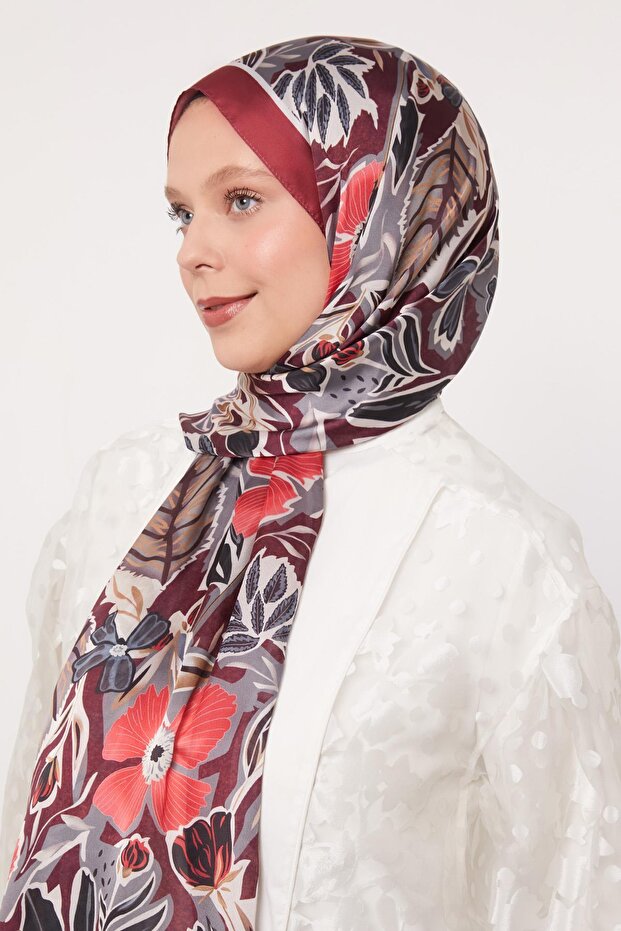 Vişne Petunya Desen Hint İpeği Şal - 2