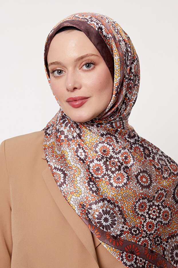 K.Kahve Batik Desen Hint İpeği Şal - 3