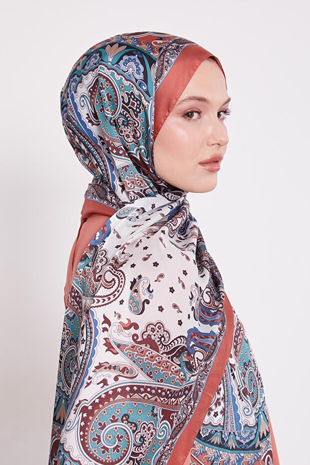 Turuncu Karışık Desenal Hint İpeği Şal - 2