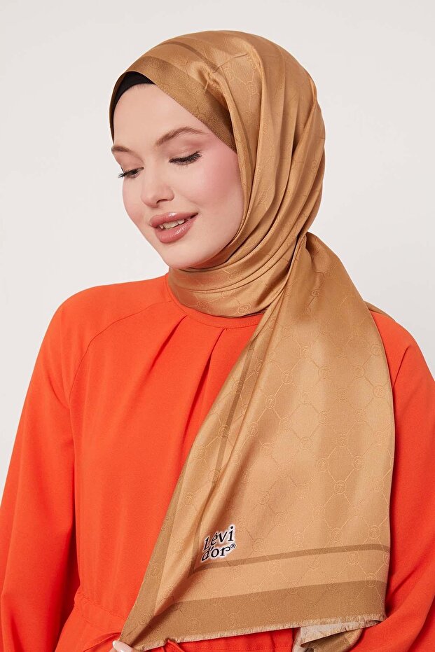 Milk Coffee Stripe Detail Monogram Silk Shawl