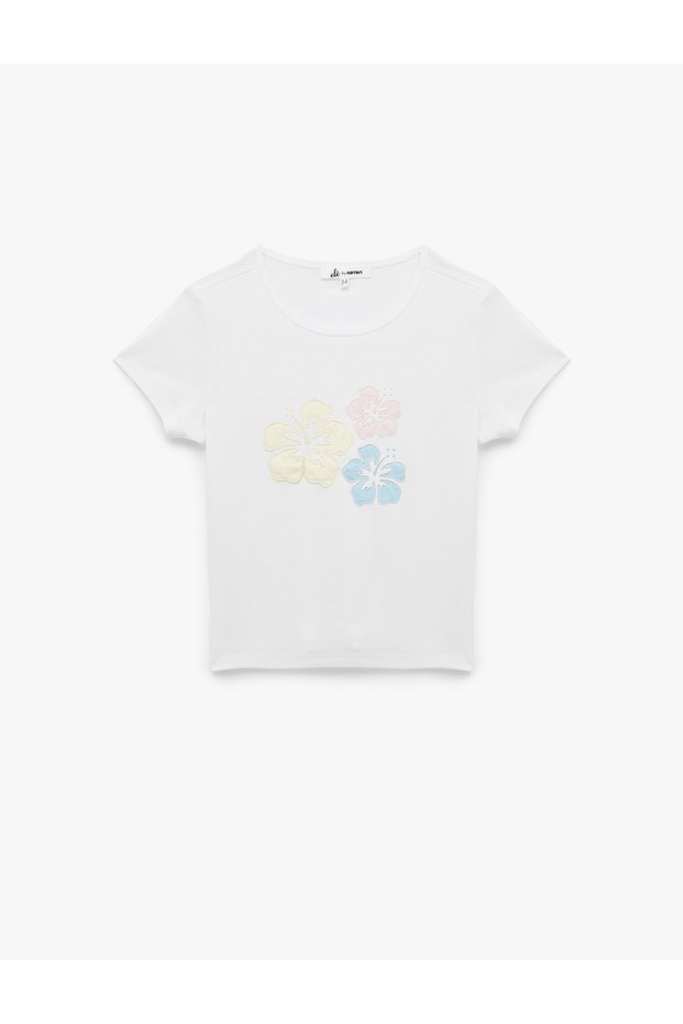 Short Sleeve Crew Neck Cotton Floral T-Shirt with Embroidery Detail