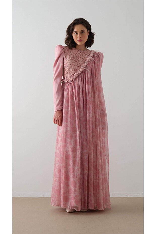 Lace Detailled Shawl Dress Dry Rose