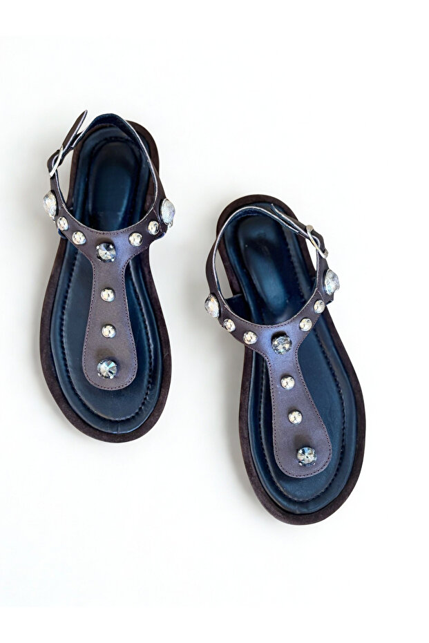 Brown Genuine Leather Women's Flip Flops Stone Sandals