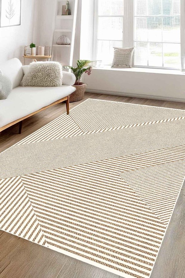 Digital Non-Slip Washable Taupe Beige Modern Striped Living Room Rug Kitchen Rug Runner Rug
