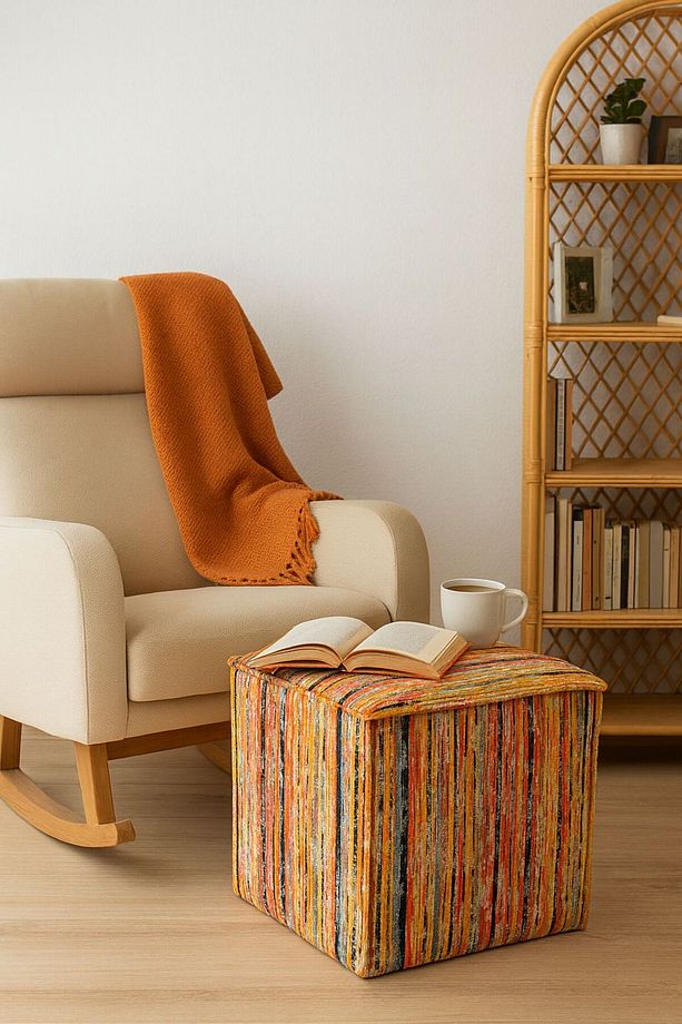 Retro Model Dokuma Kumaş Kare Puf Bench Salon Oturma Odası Makyaj Masası - 1