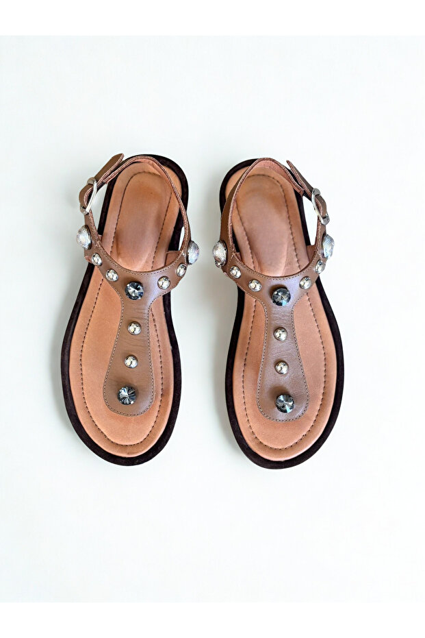 Tan Genuine Leather Women's Flip Flops Stone Sandals