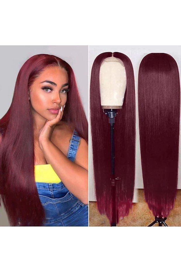 Burgundy Straight Hair Wig - European Fashion Headgear