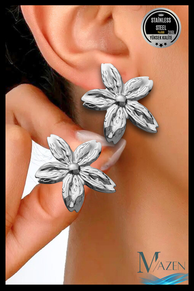 Flower Textured Earrings | 316L Stainless Steel | Women's Jewelry Accessory (3.5 cm) Silver Color