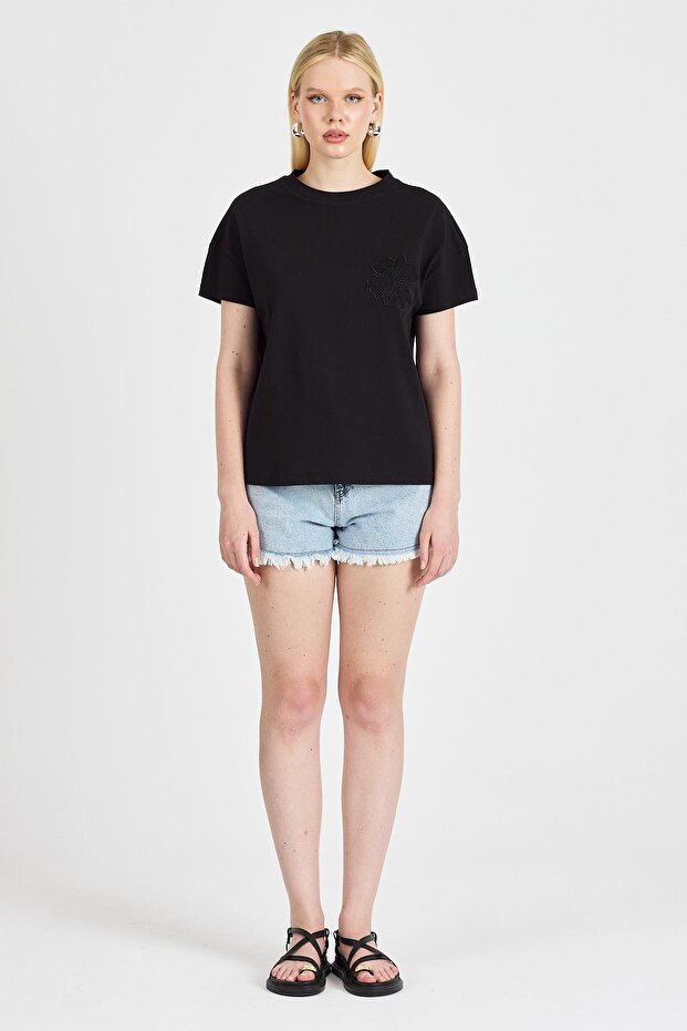 Women's Lace Embroidered 100% Cotton Black T-Shirt