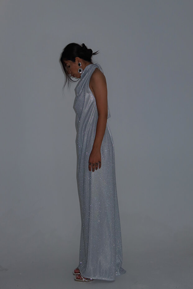 Simli Boğazlı degaje mavi boy elbise - 6