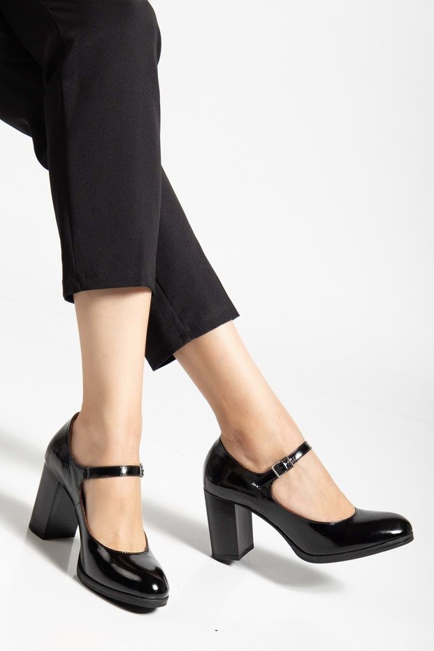 Women's genuine leather strap high heel shoes - black patent leather
