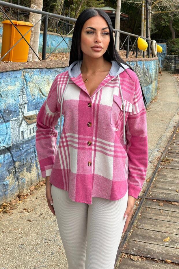 Fuchsia Plaid Print, Soft Texture, Hooded Lumberjack Shirt