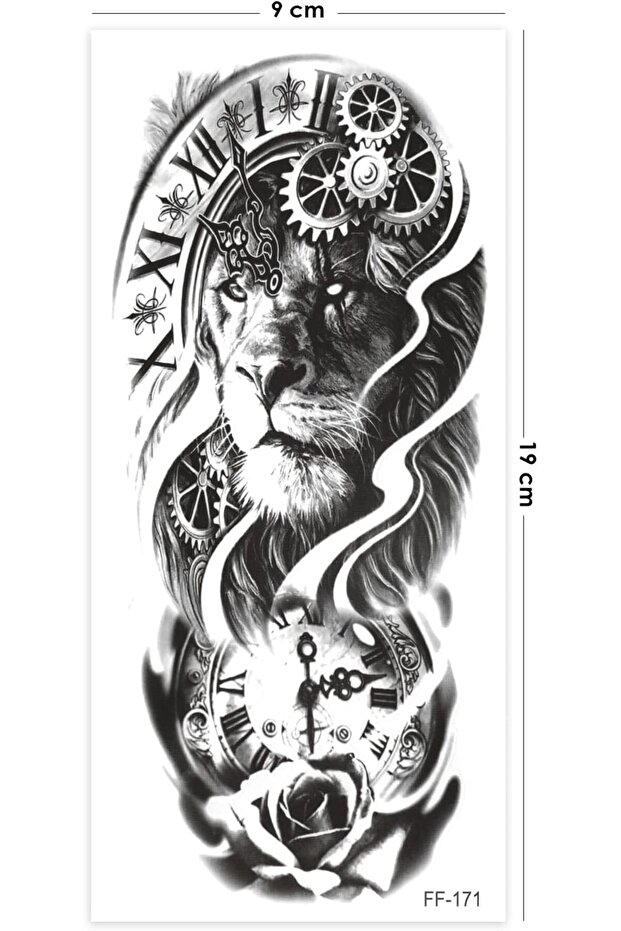 BearPear Aslan Dövmesi, Saat Figürlü Geçici Dövme, Tattoo, Erkek Geçici Dövme, Kol Dövmesi, Vücut Dö - 2