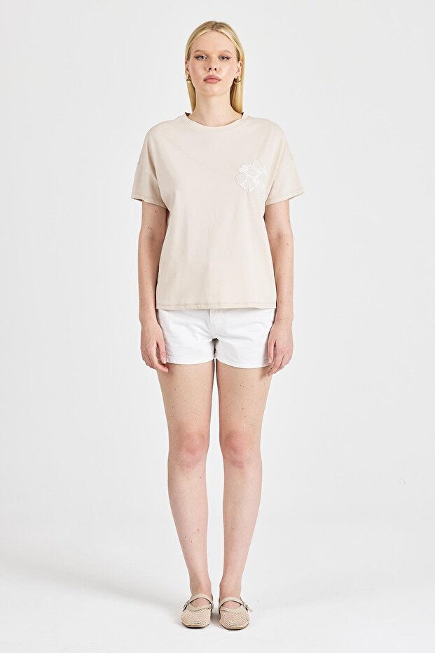 Women's Lace Embroidered 100% Cotton Stone T-Shirt