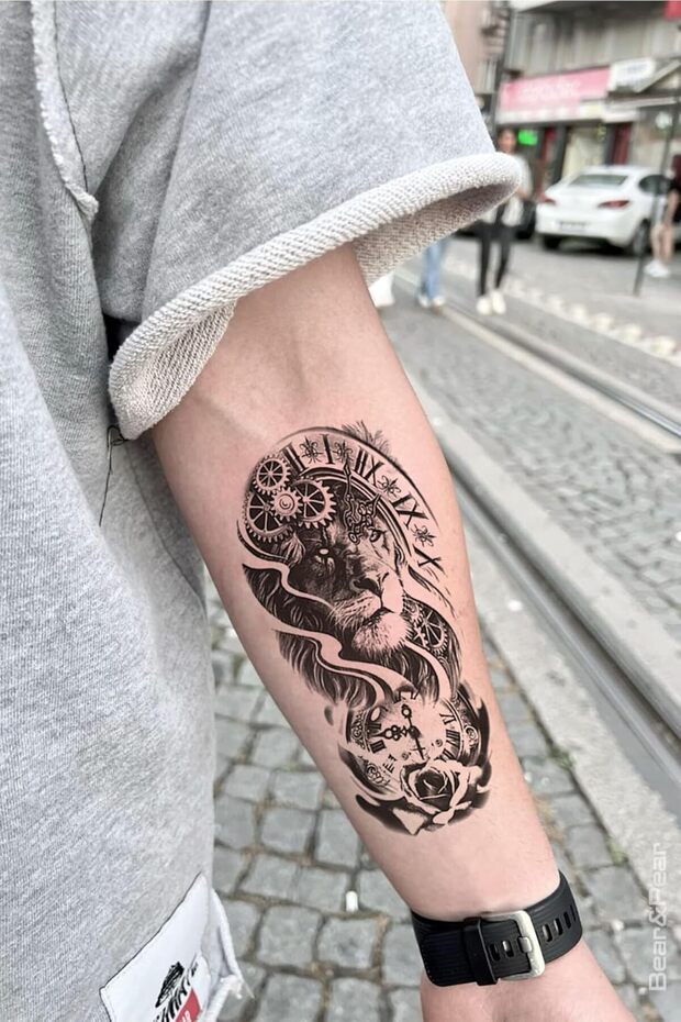 BearPear Aslan Dövmesi, Saat Figürlü Geçici Dövme, Tattoo, Erkek Geçici Dövme, Kol Dövmesi, Vücut Dö - 1