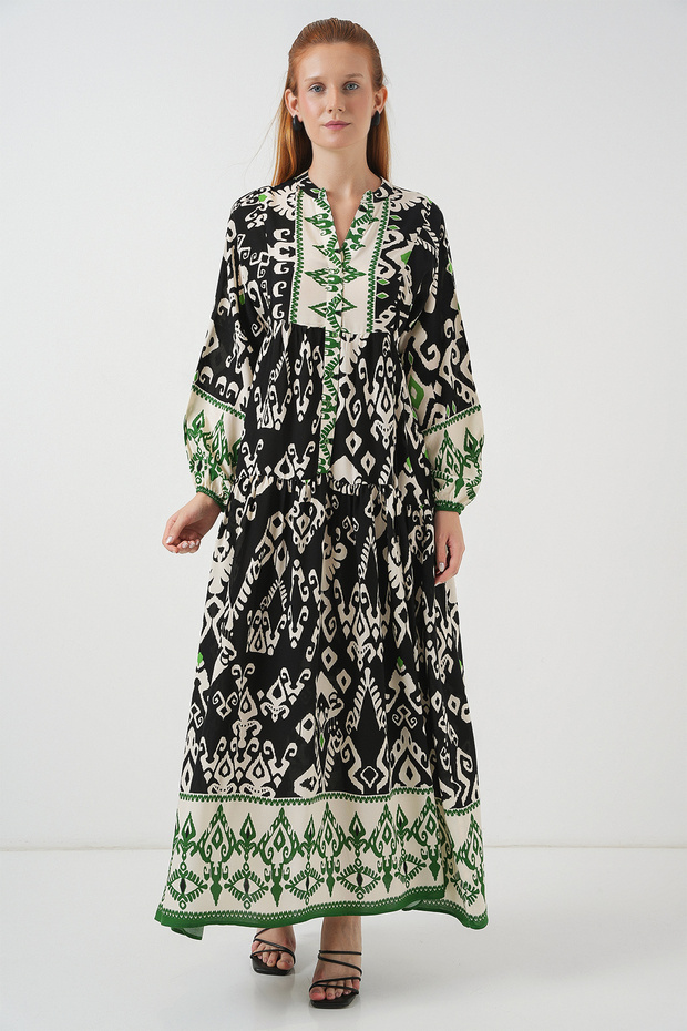 Women's Patterned Long Hijab Dress Black Green 1155