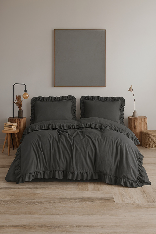 Ruffled Stonwashed Double Duvet Cover Set 100% Cotton