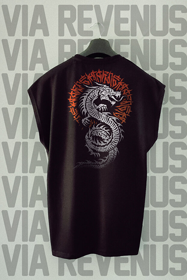 Dragon Back Printed Zero Sleeve Crew Neck Sports Tshirt