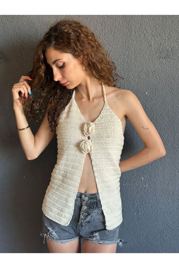 Hand Knitted Flowered Binding Women's Bluz Bustiers
