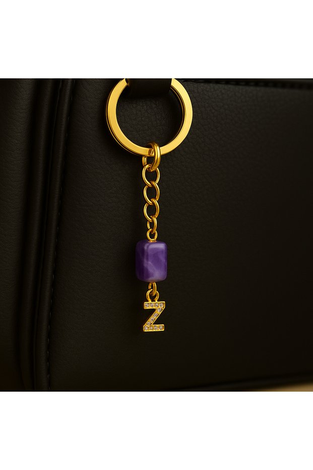Gold Color Stone Z Letter Purple Amethyst Stone Keychain Charm