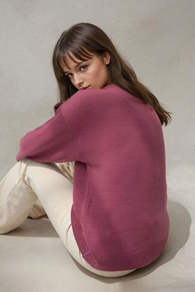 Kalın Örme V-Yaka Kazak - 3