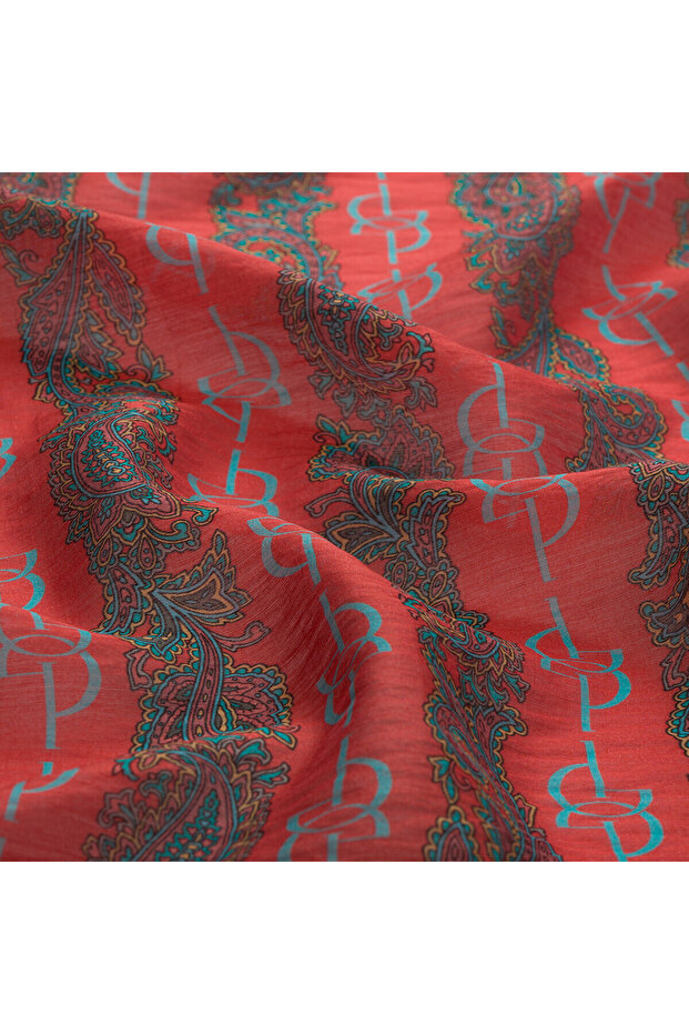Turquoise Red Monogram Patterned Scarf - 2