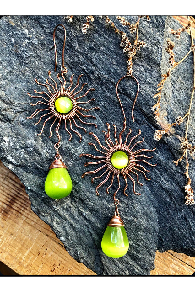 Copper Wire Wrap Earrings with Cat's Eye Natural Stone