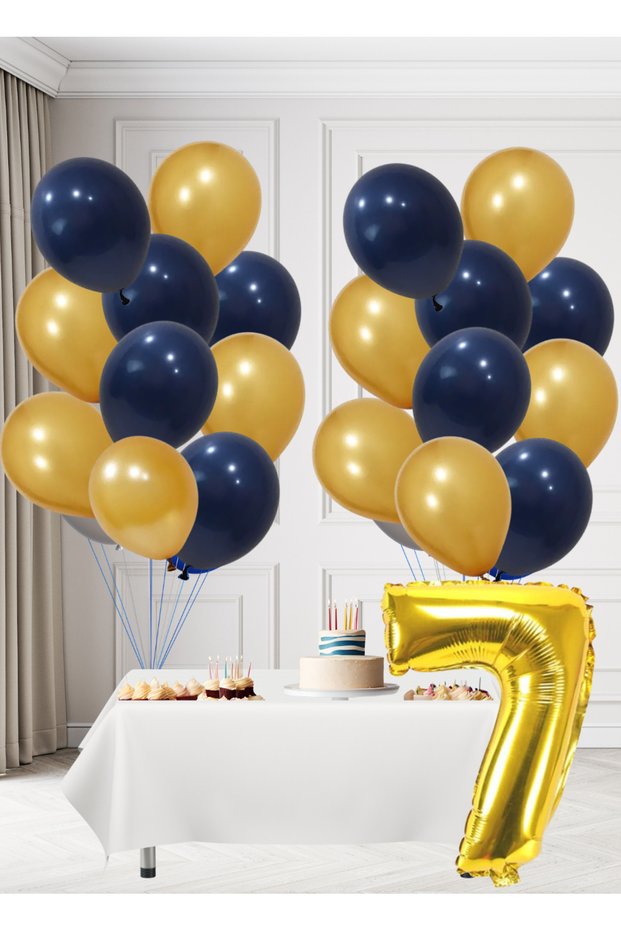 7 Year Old Yellow Navy Blue Fan Themed Birthday Set Gold Cosmic Navy Blue Balloons Gold Foil Number