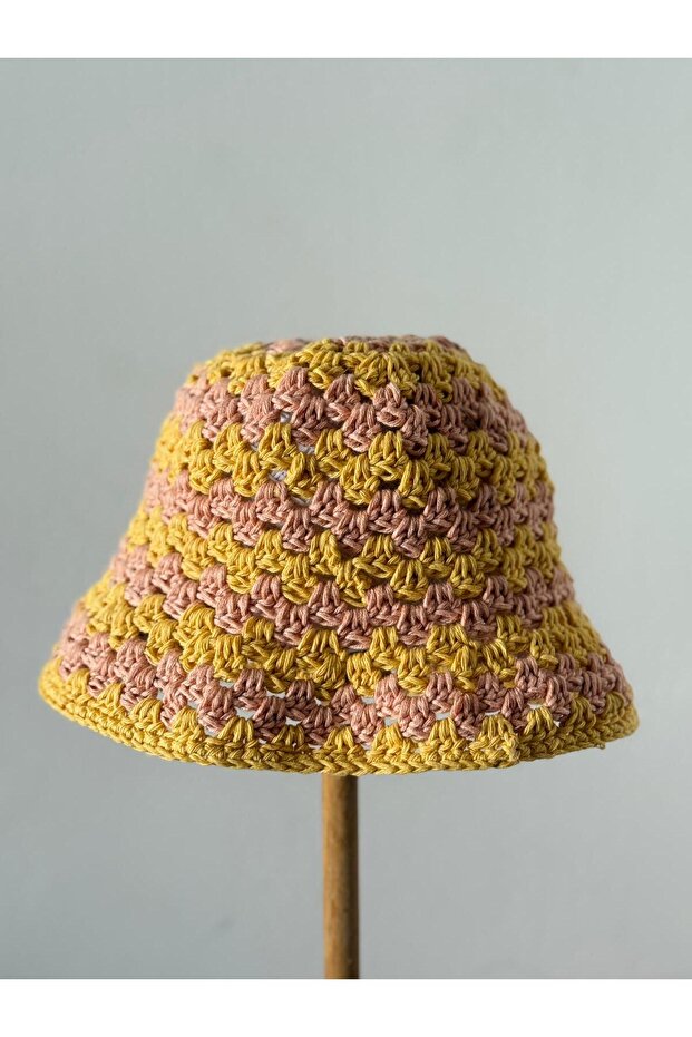 2 Renkli Yazlık Örgü Şapka, Kroşe Şapka Sarı - 3